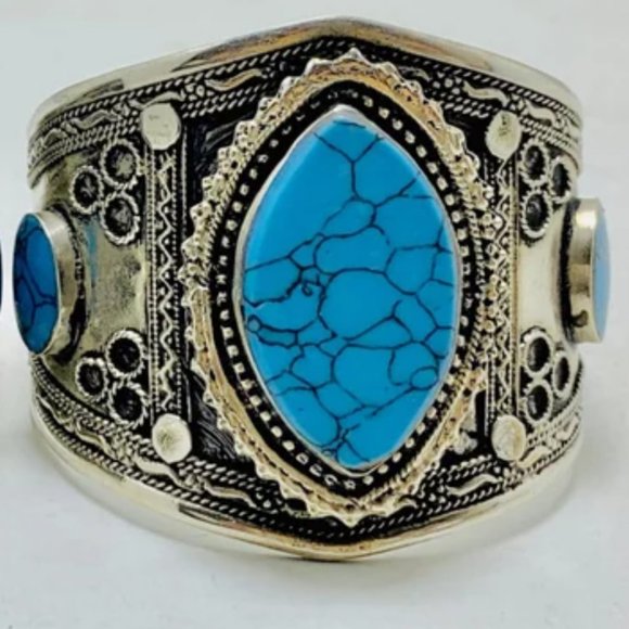 Single Ethnic Turquoise Stone Handcuff Bracelet-Afghan Kuchi Bracelet - Picture 8 of 16